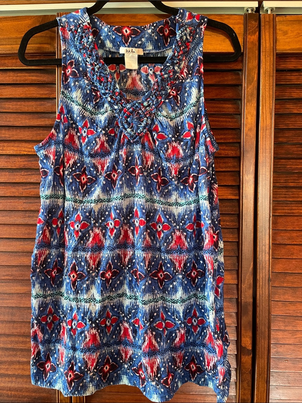 Sleeveless Blue & Red Patterned Tank with Braided Neckline